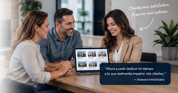 Asesora inmobiliaria atendiendo clientes
